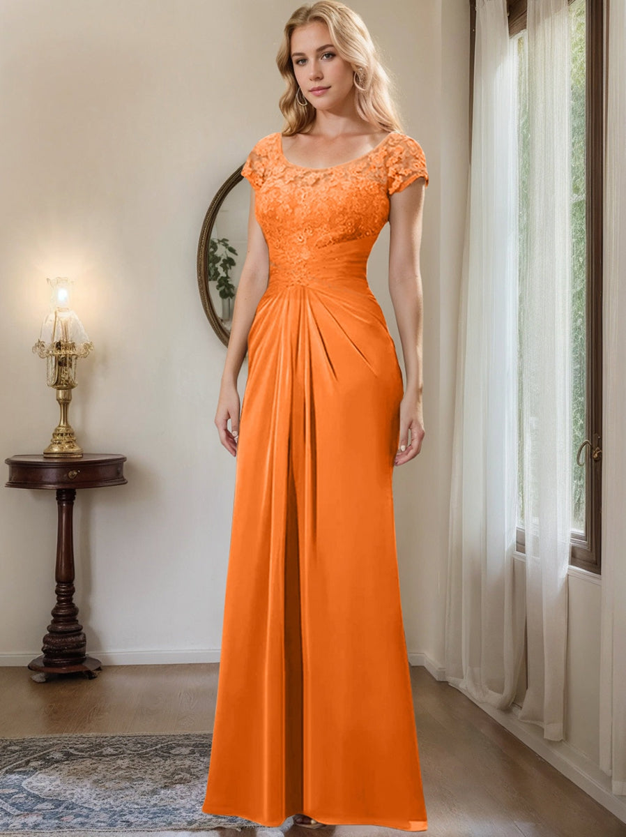 Long Chiffon Mother of the Bride Dress with Lace Ruffle and Sheath Column Scoop