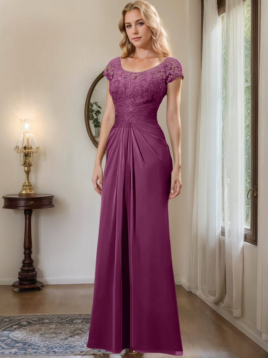 Long Chiffon Mother of the Bride Dress with Lace Ruffle and Sheath Column Scoop