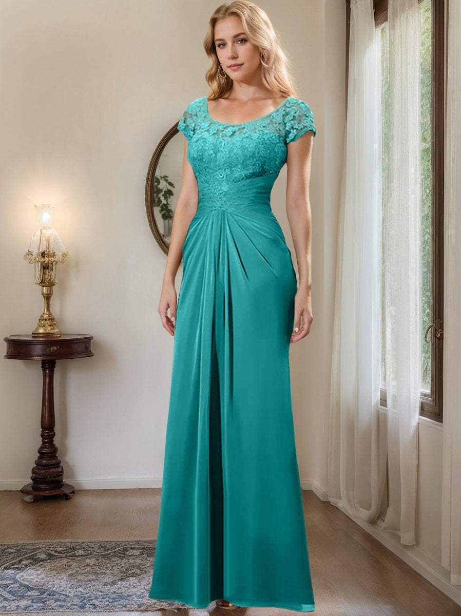 Long Chiffon Mother of the Bride Dress with Lace Ruffle and Sheath Column Scoop