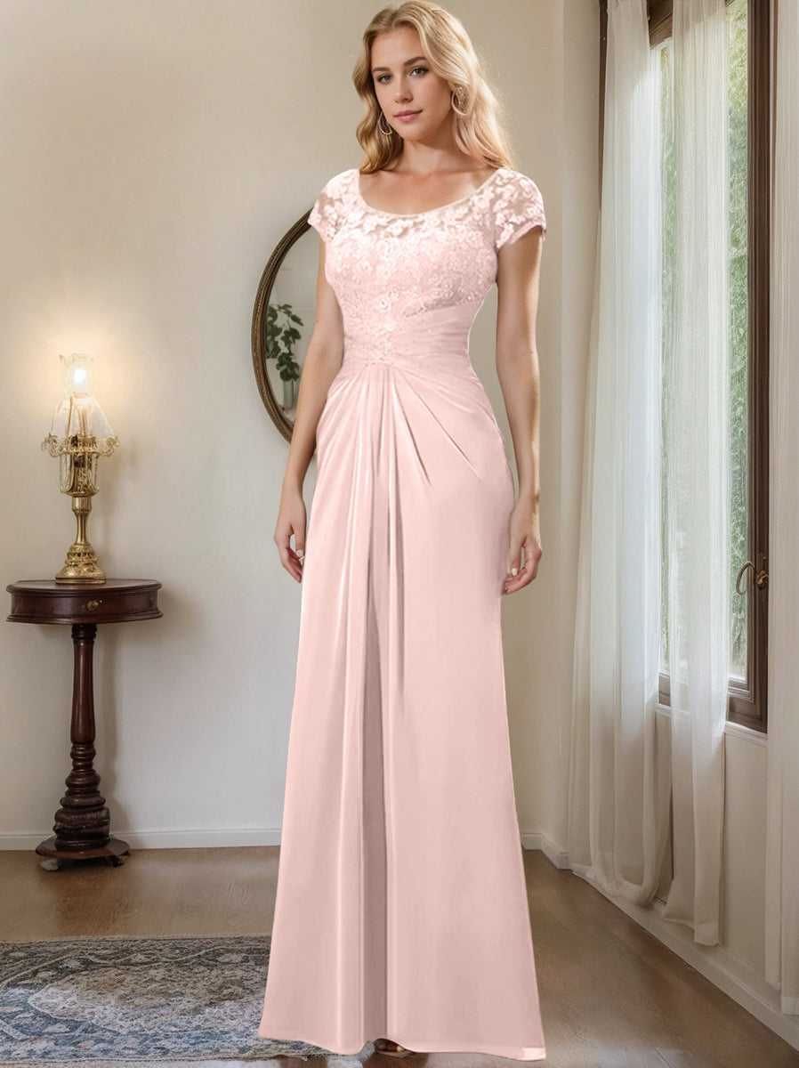 Long Chiffon Mother of the Bride Dress with Lace Ruffle and Sheath Column Scoop