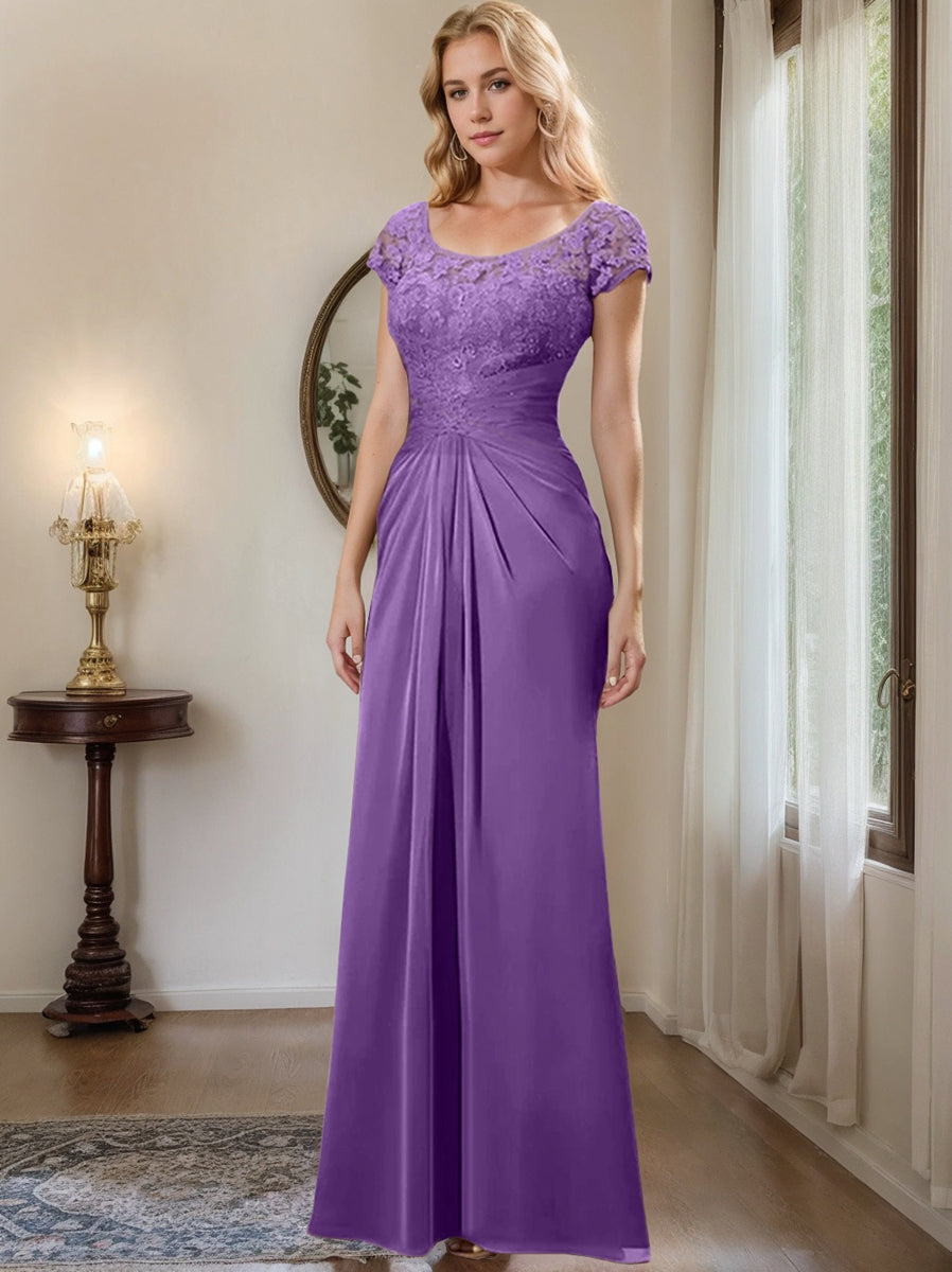 Long Chiffon Mother of the Bride Dress with Lace Ruffle and Sheath Column Scoop