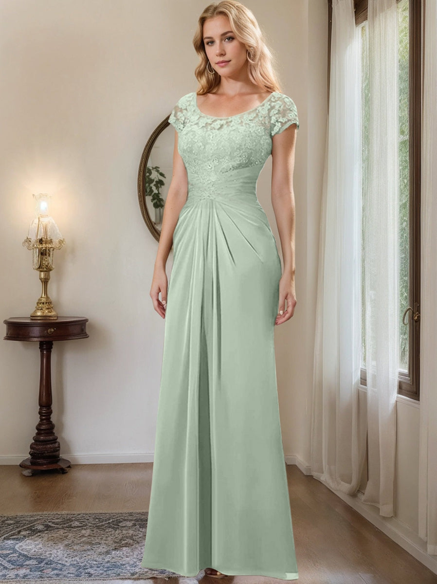Long Chiffon Mother of the Bride Dress with Lace Ruffle and Sheath Column Scoop