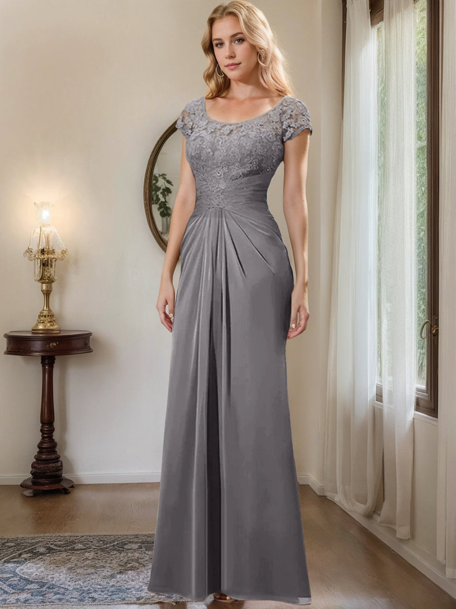 Long Chiffon Mother of the Bride Dress with Lace Ruffle and Sheath Column Scoop