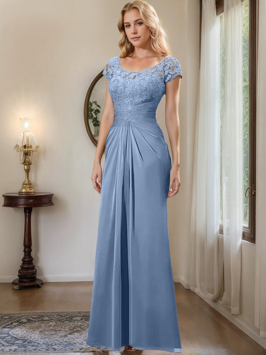 Long Chiffon Mother of the Bride Dress with Lace Ruffle and Sheath Column Scoop