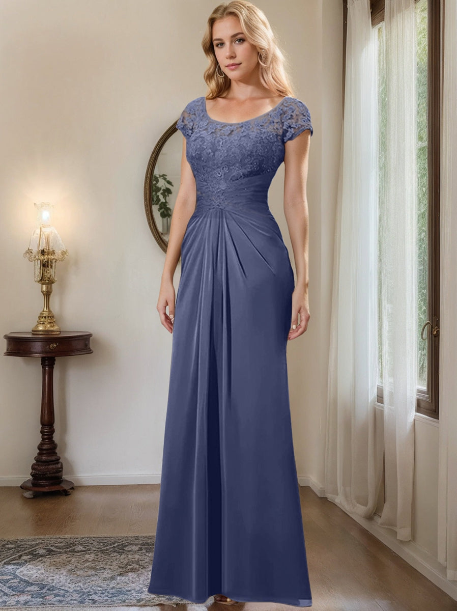 Long Chiffon Mother of the Bride Dress with Lace Ruffle and Sheath Column Scoop