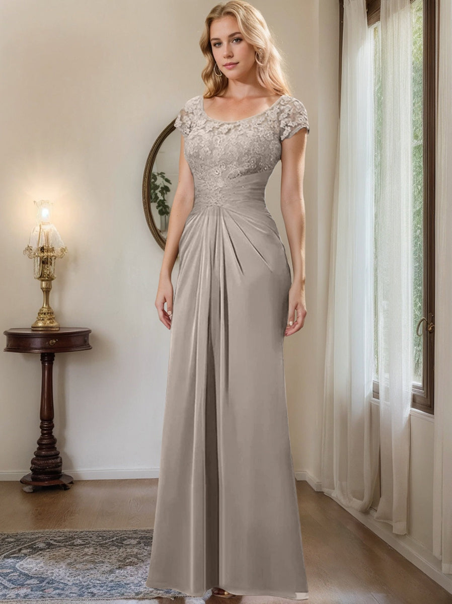 Long Chiffon Mother of the Bride Dress with Lace Ruffle and Sheath Column Scoop