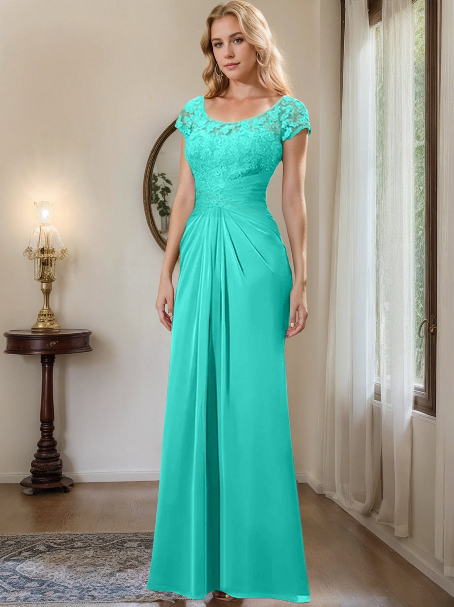 Long Chiffon Mother of the Bride Dress with Lace Ruffle and Sheath Column Scoop