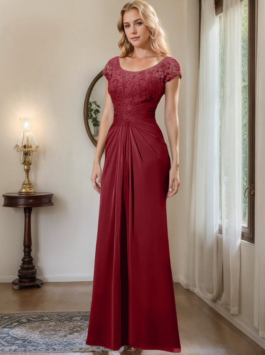 Long Chiffon Mother of the Bride Dress with Lace Ruffle and Sheath Column Scoop