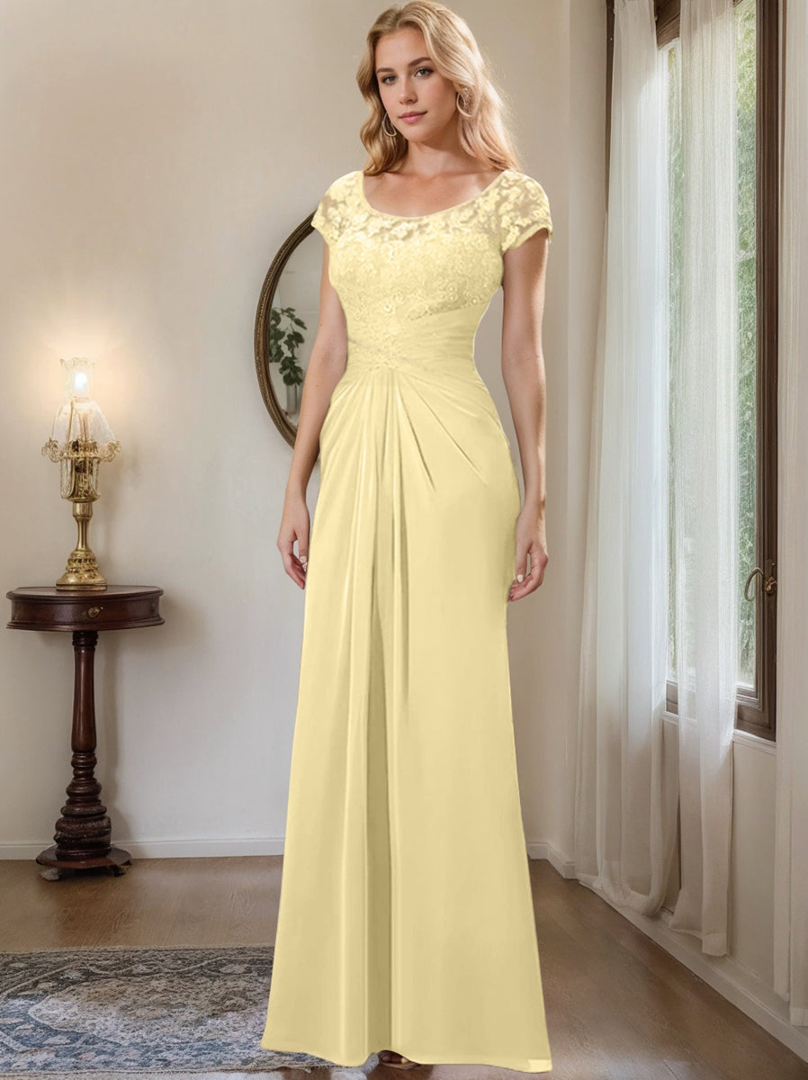 Long Chiffon Mother of the Bride Dress with Lace Ruffle and Sheath Column Scoop