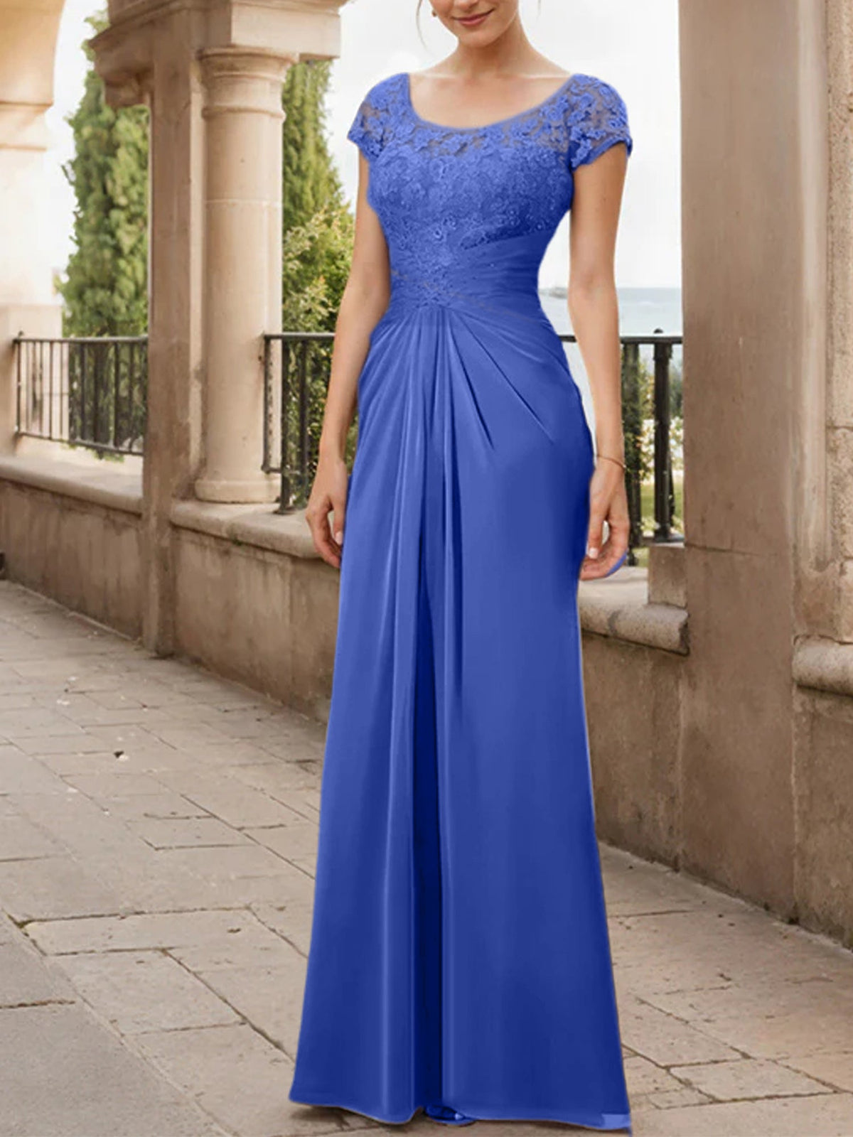 Long Chiffon Mother of the Bride Dress with Lace Ruffle and Sheath Column Scoop