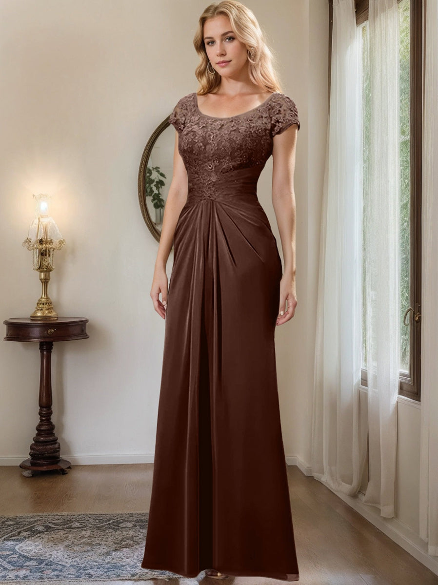 Long Chiffon Mother of the Bride Dress with Lace Ruffle and Sheath Column Scoop
