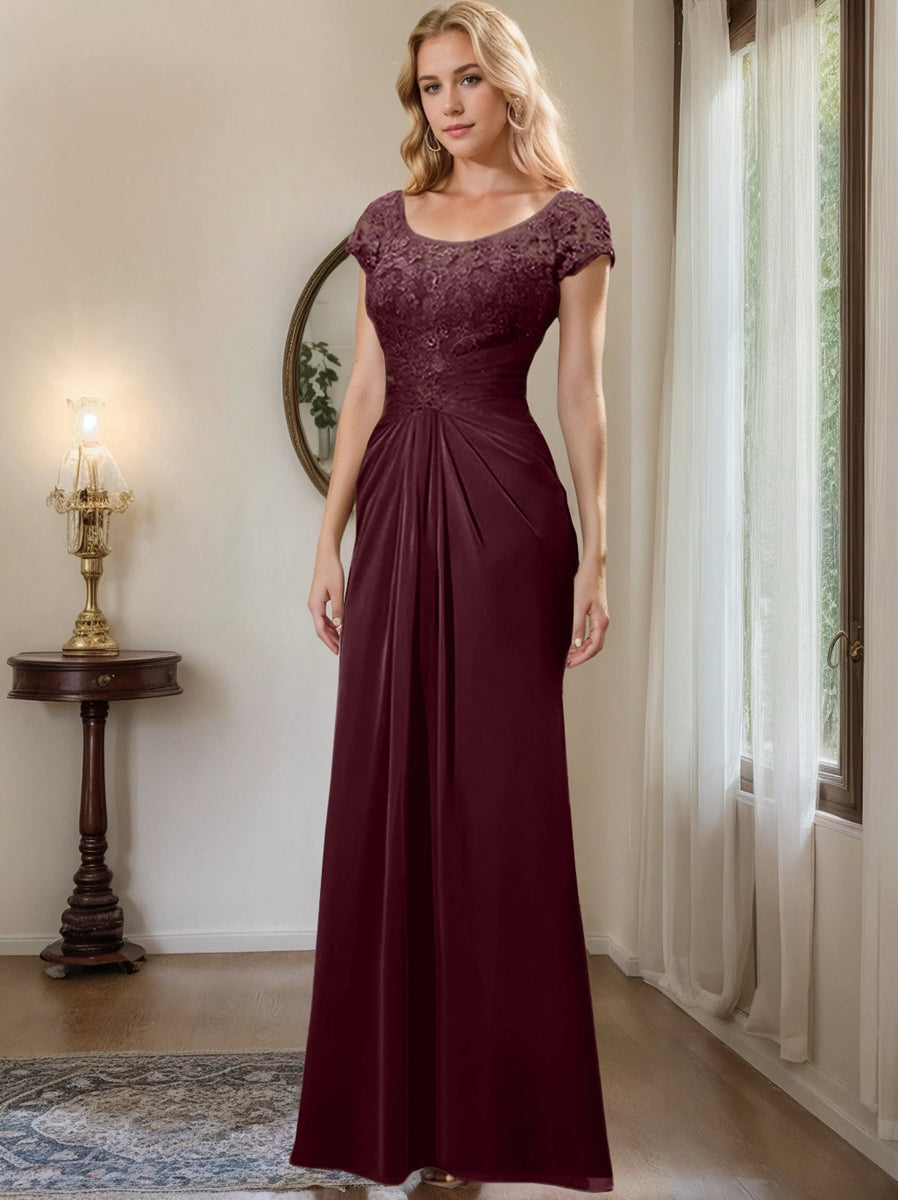 Long Chiffon Mother of the Bride Dress with Lace Ruffle and Sheath Column Scoop