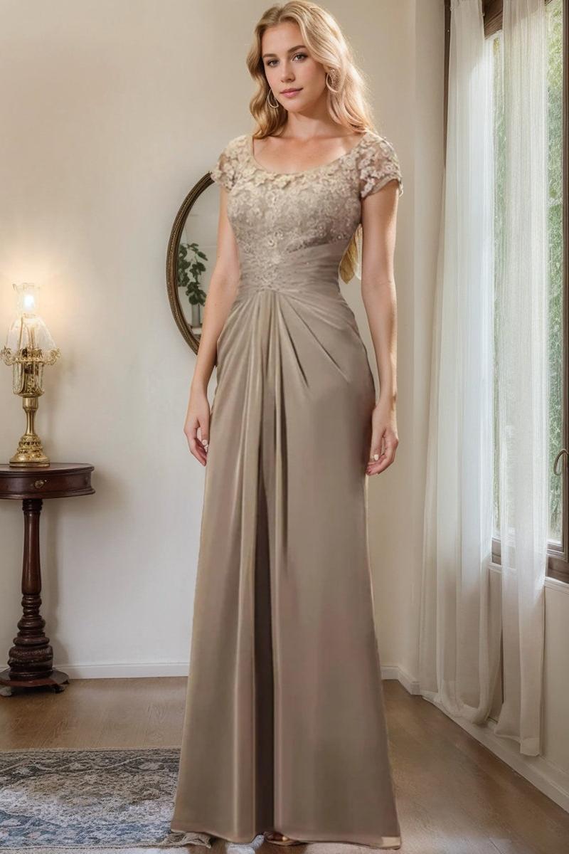 Long Chiffon Mother of the Bride Dress with Lace Ruffle and Sheath Column Scoop