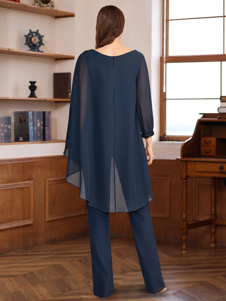 Long Chiffon Mother of the Bride Pantsuits with Ruffles Sequins and Beading 2 Pieces