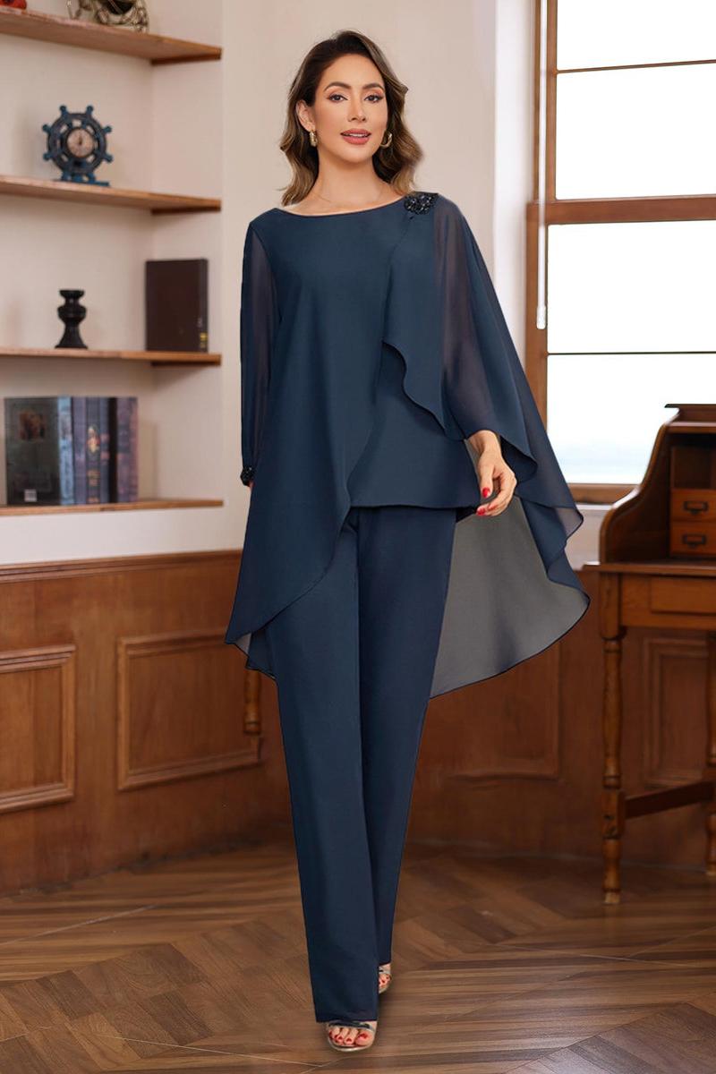 Long Chiffon Mother of the Bride Pantsuits with Ruffles Sequins and Beading 2 Pieces