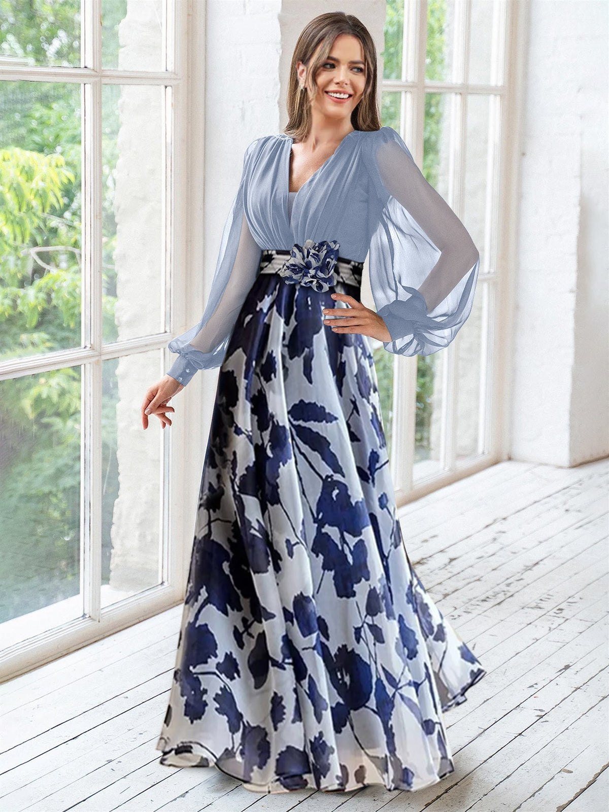 Long Floral Mother of the Bride V Neck A Line Dress With Long Sleeves and Flower