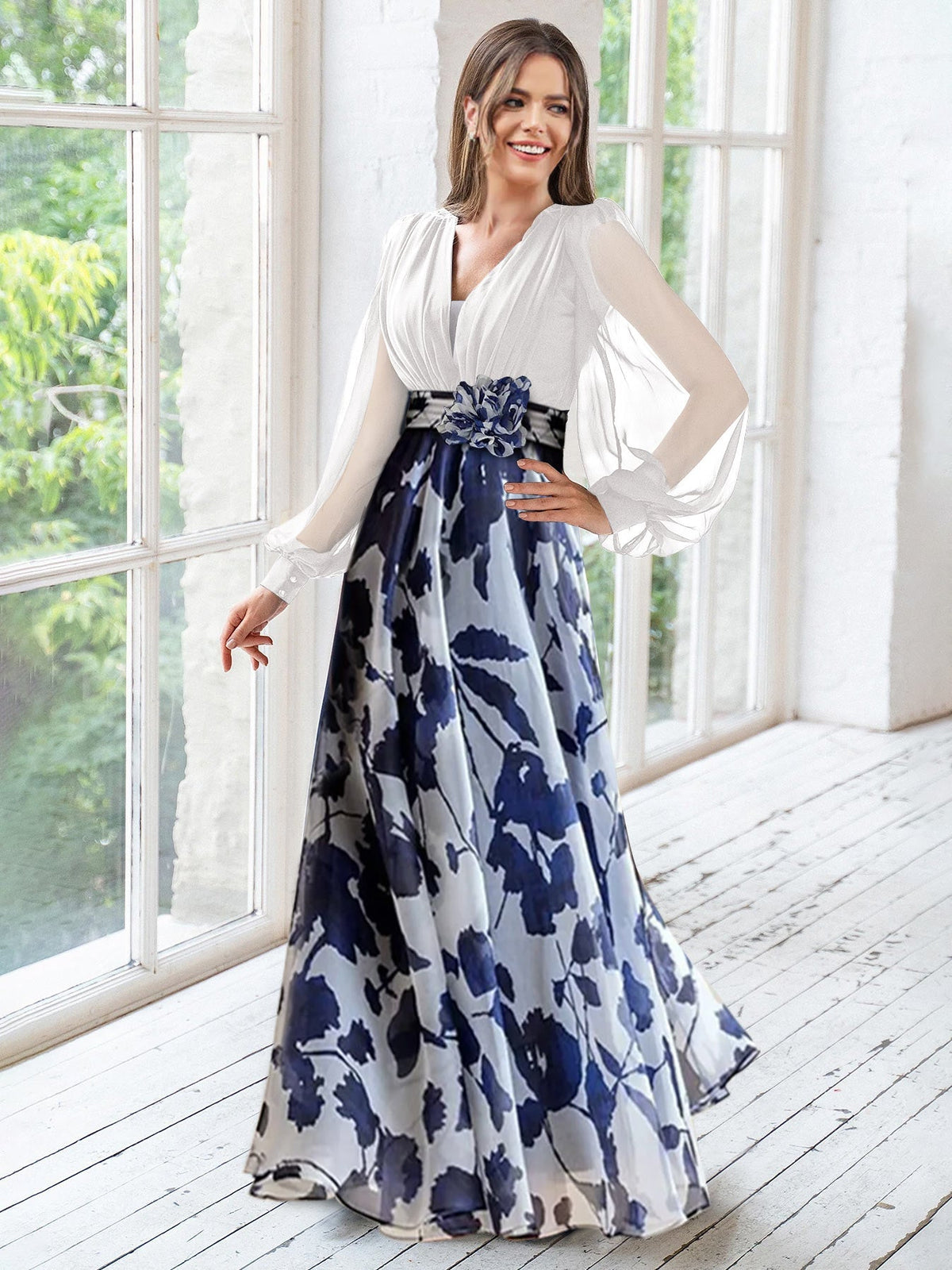 Long Floral Mother of the Bride V Neck A Line Dress With Long Sleeves and Flower