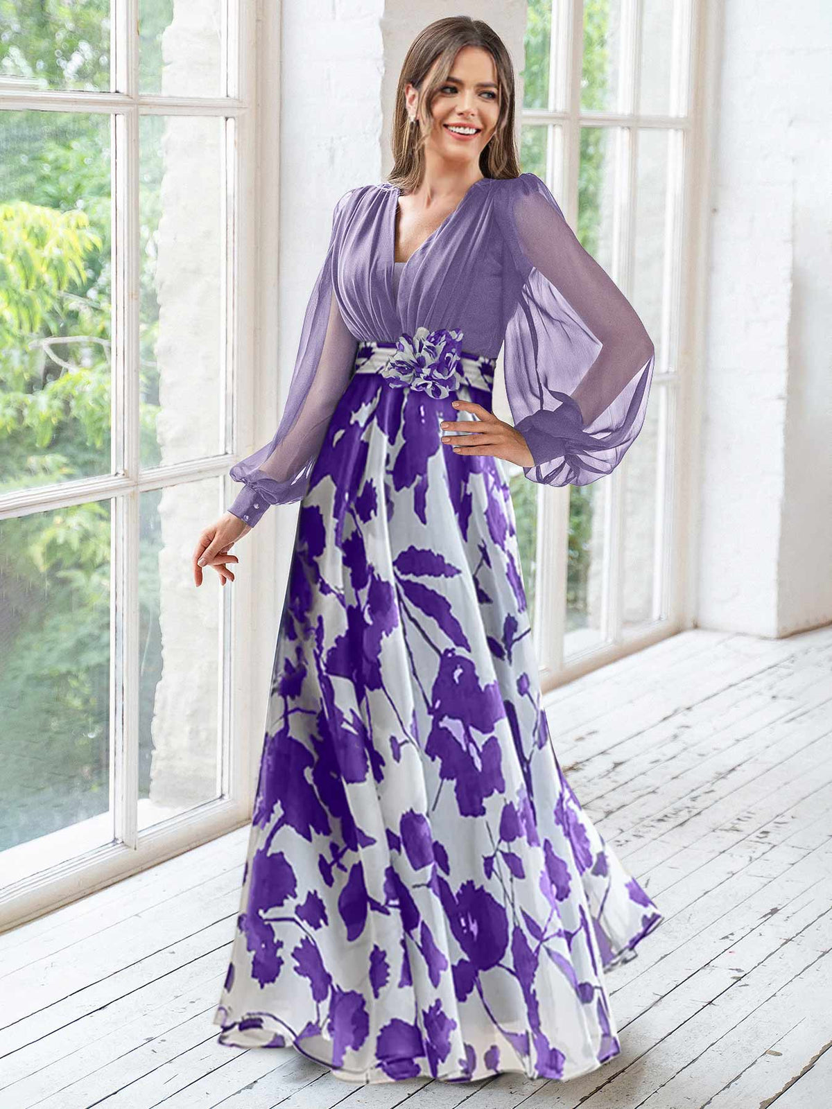 Long Floral Mother of the Bride V Neck A Line Dress With Long Sleeves and Flower