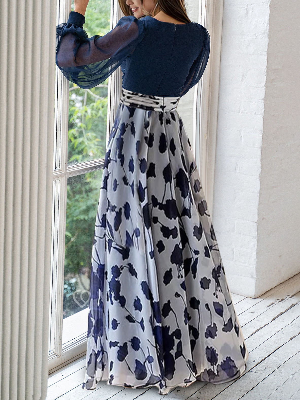 Long Floral Mother of the Bride V Neck A Line Dress With Long Sleeves and Flower