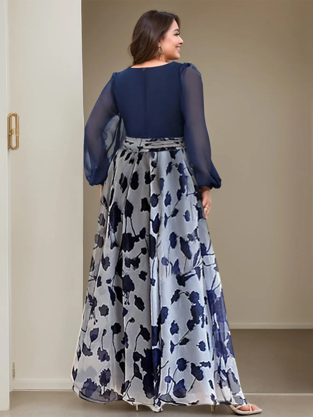 Long Floral Mother of the Bride V Neck A Line Dress With Long Sleeves and Flower
