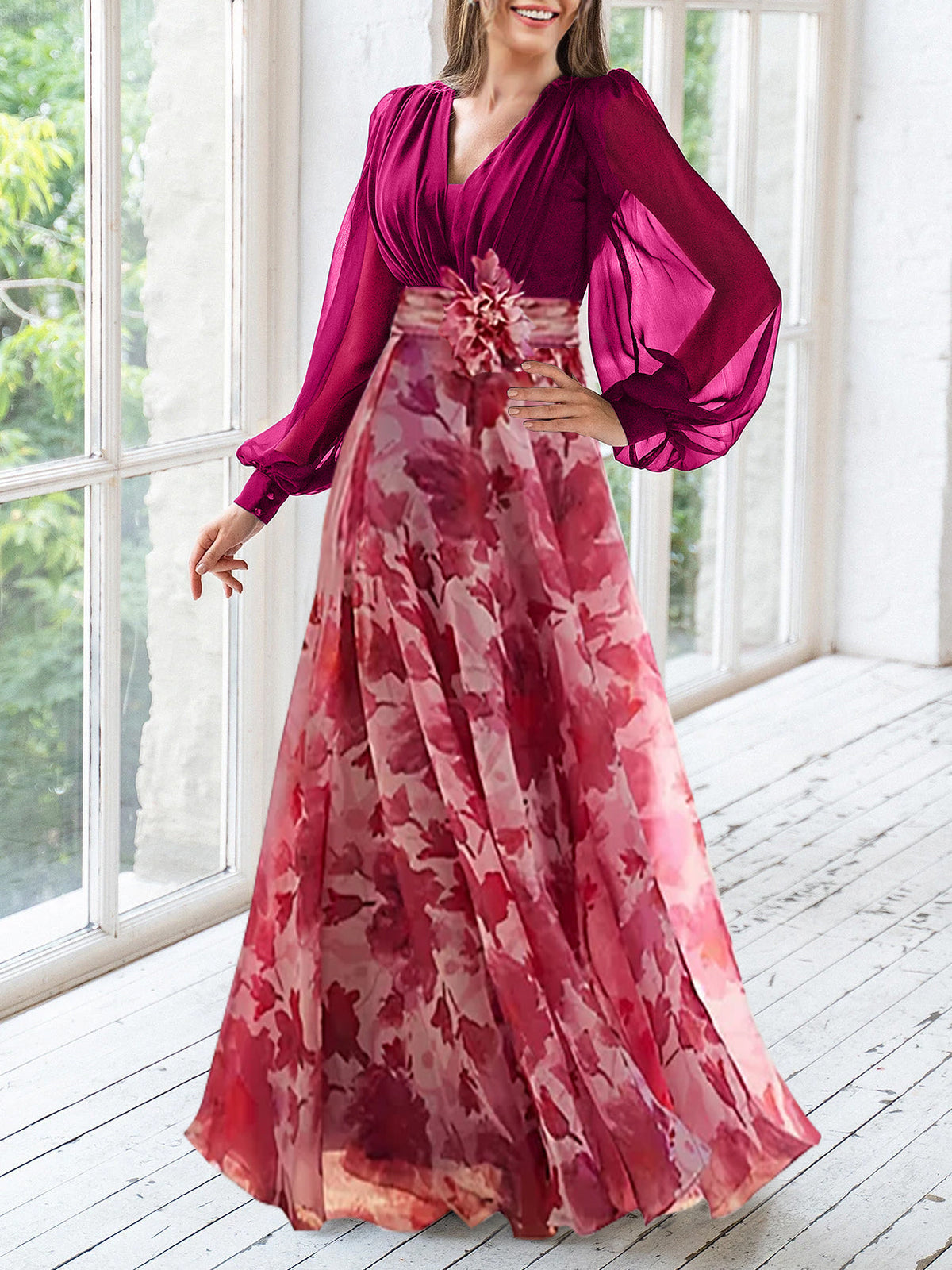 Long Floral Mother of the Bride V Neck A Line Dress With Long Sleeves and Flower