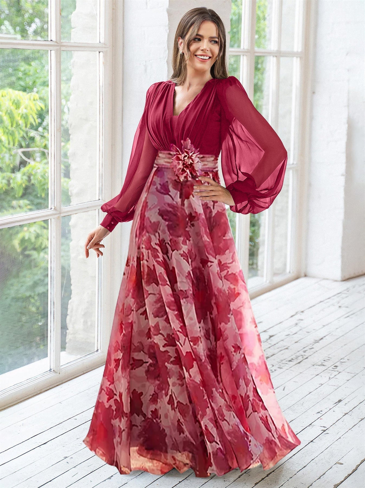 Long Floral Mother of the Bride V Neck A Line Dress With Long Sleeves and Flower