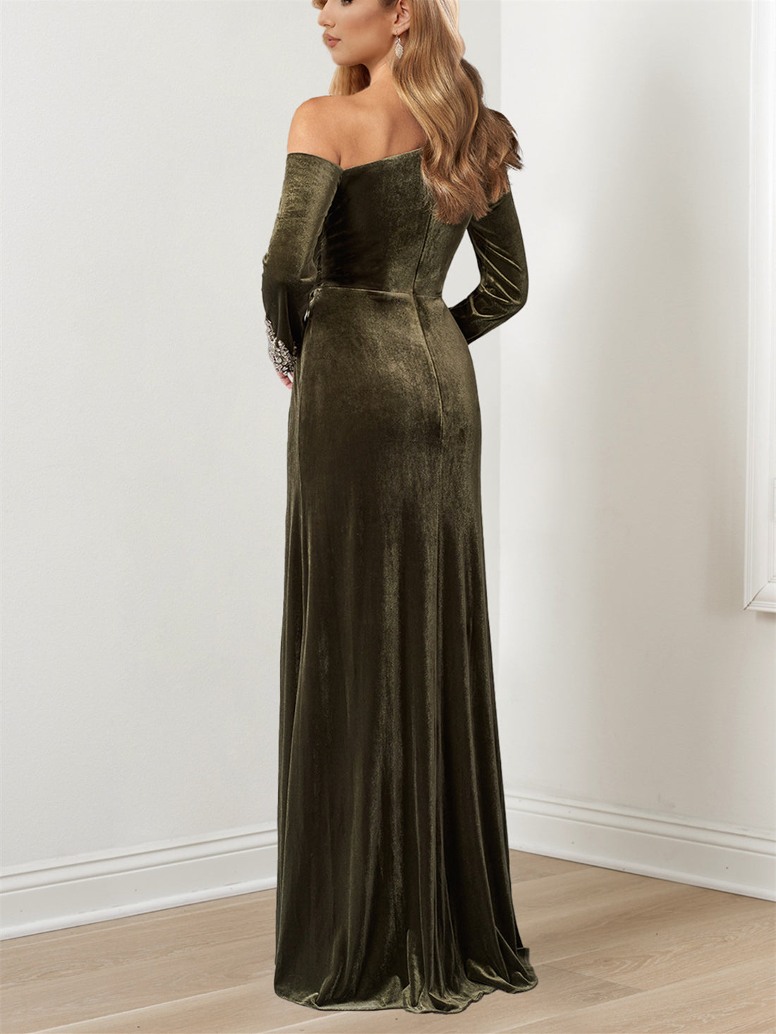Long Mother of the Bride A Line Dress with Beaded Cuffs and Asymmetrical Neckline