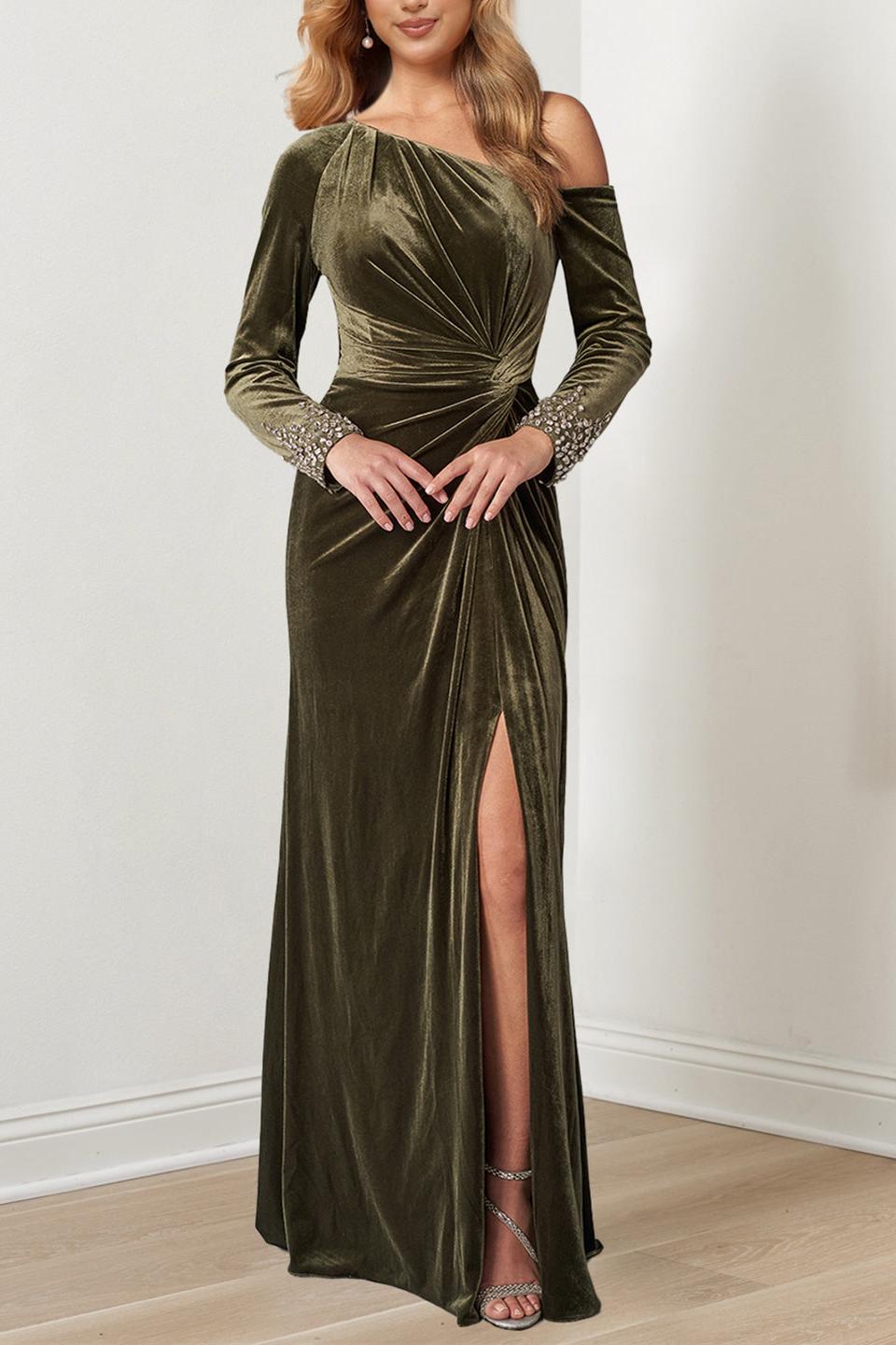 Long Mother of the Bride A Line Dress with Beaded Cuffs and Asymmetrical Neckline
