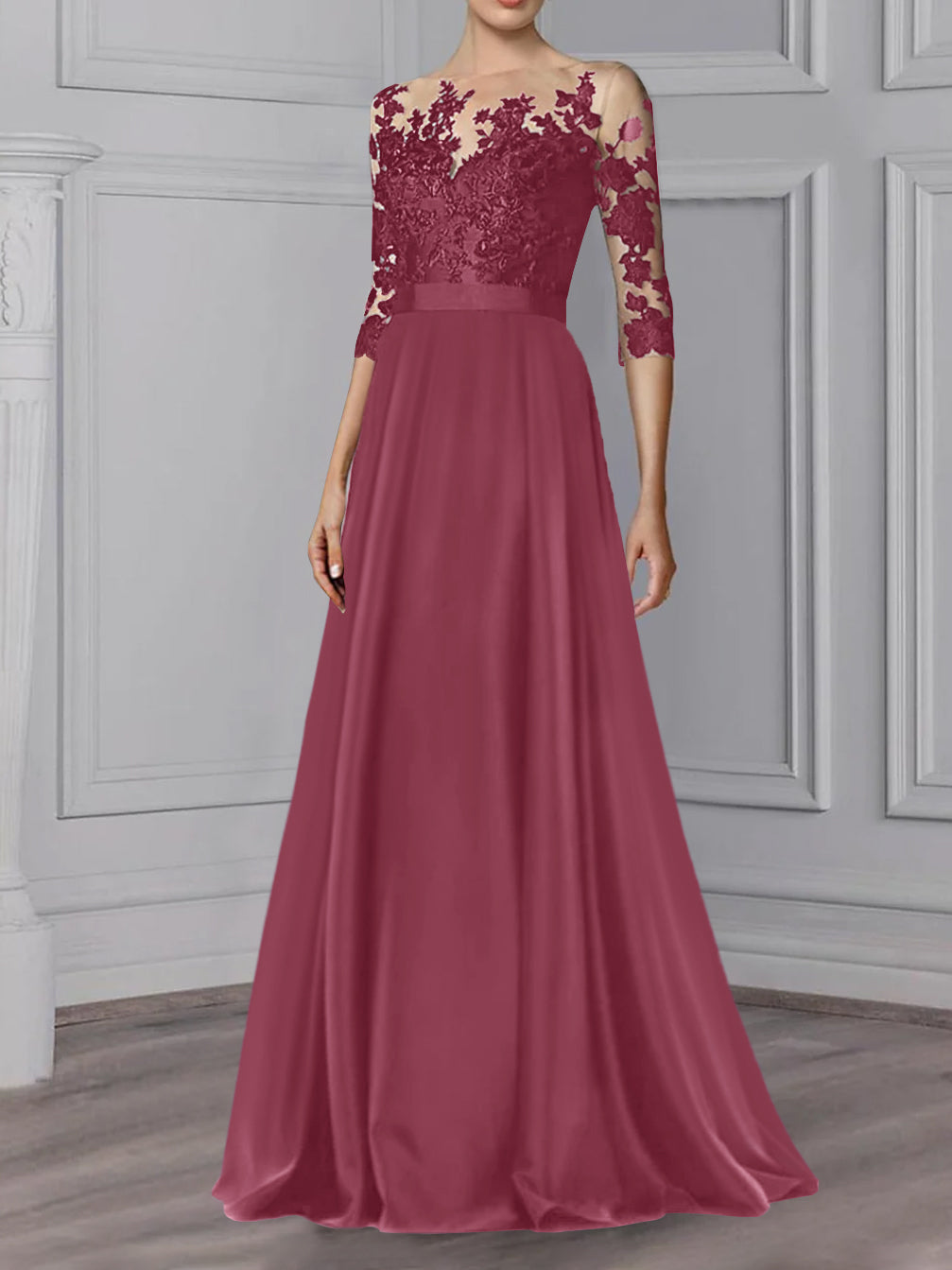Long Mother of the Bride A Line Dress with Jewel Neck and 3/4 Sleeves