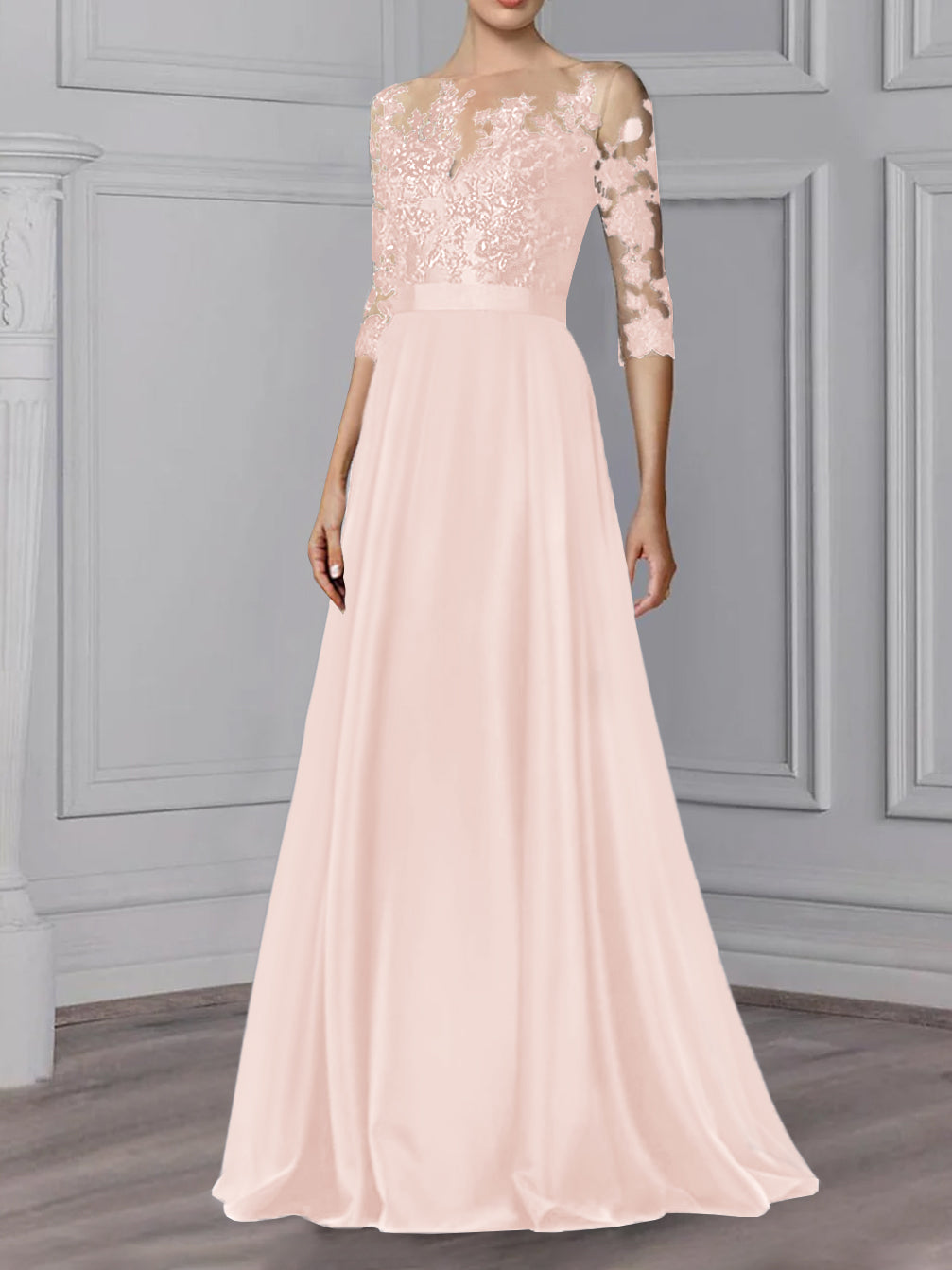 Long Mother of the Bride A Line Dress with Jewel Neck and 3/4 Sleeves