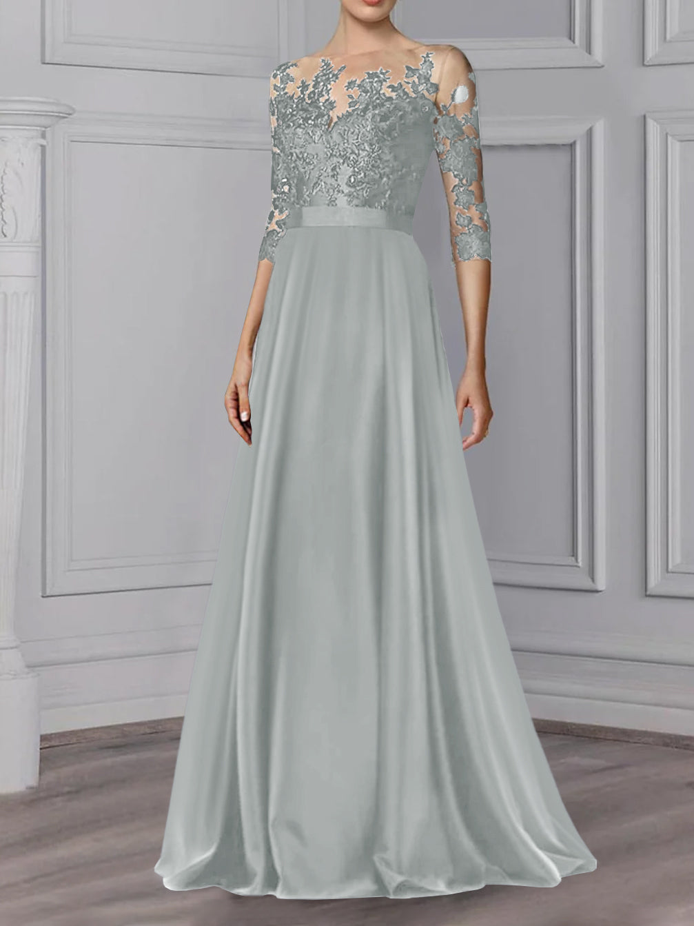 Long Mother of the Bride A Line Dress with Jewel Neck and 3/4 Sleeves