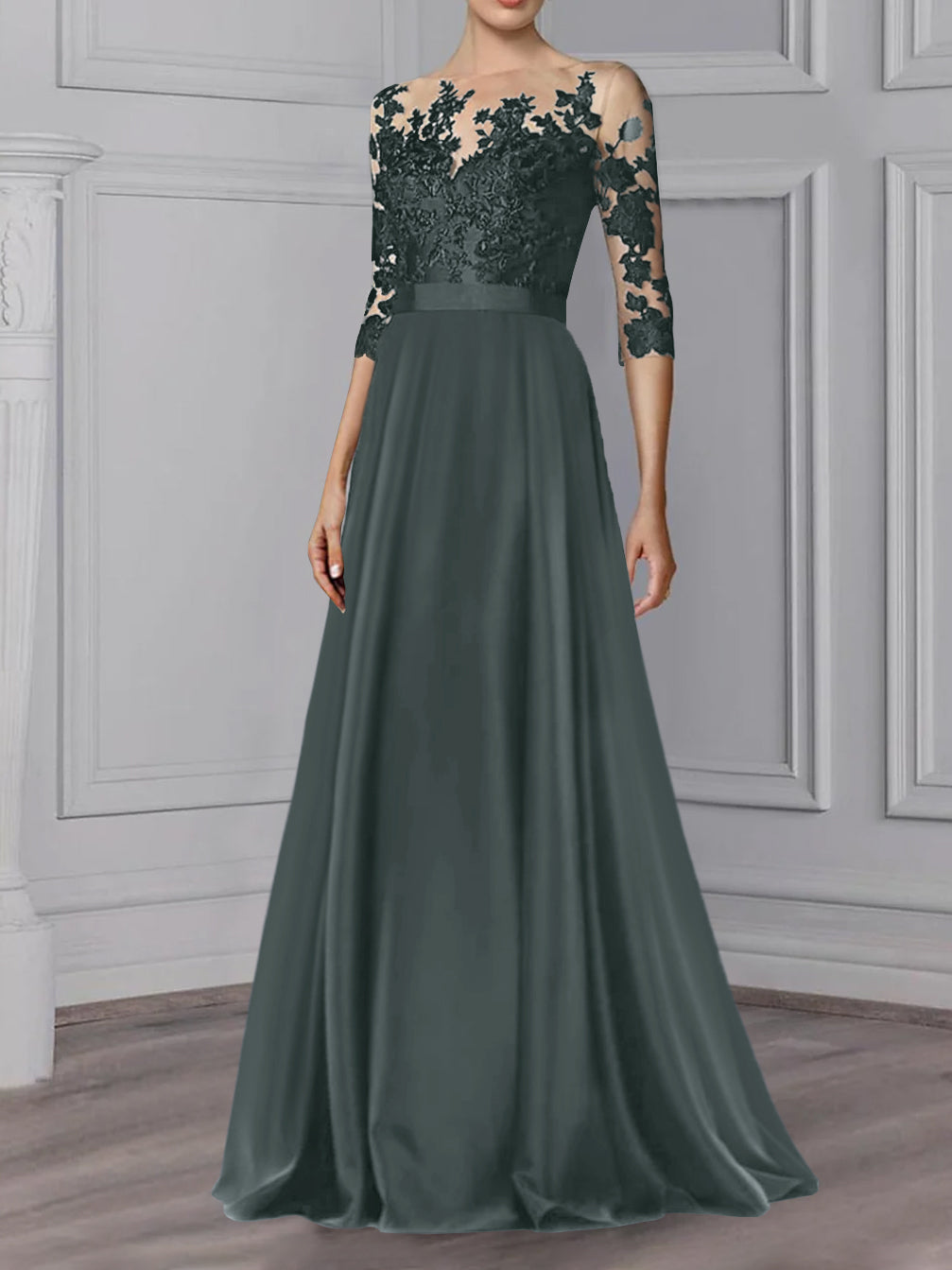 Long Mother of the Bride A Line Dress with Jewel Neck and 3/4 Sleeves