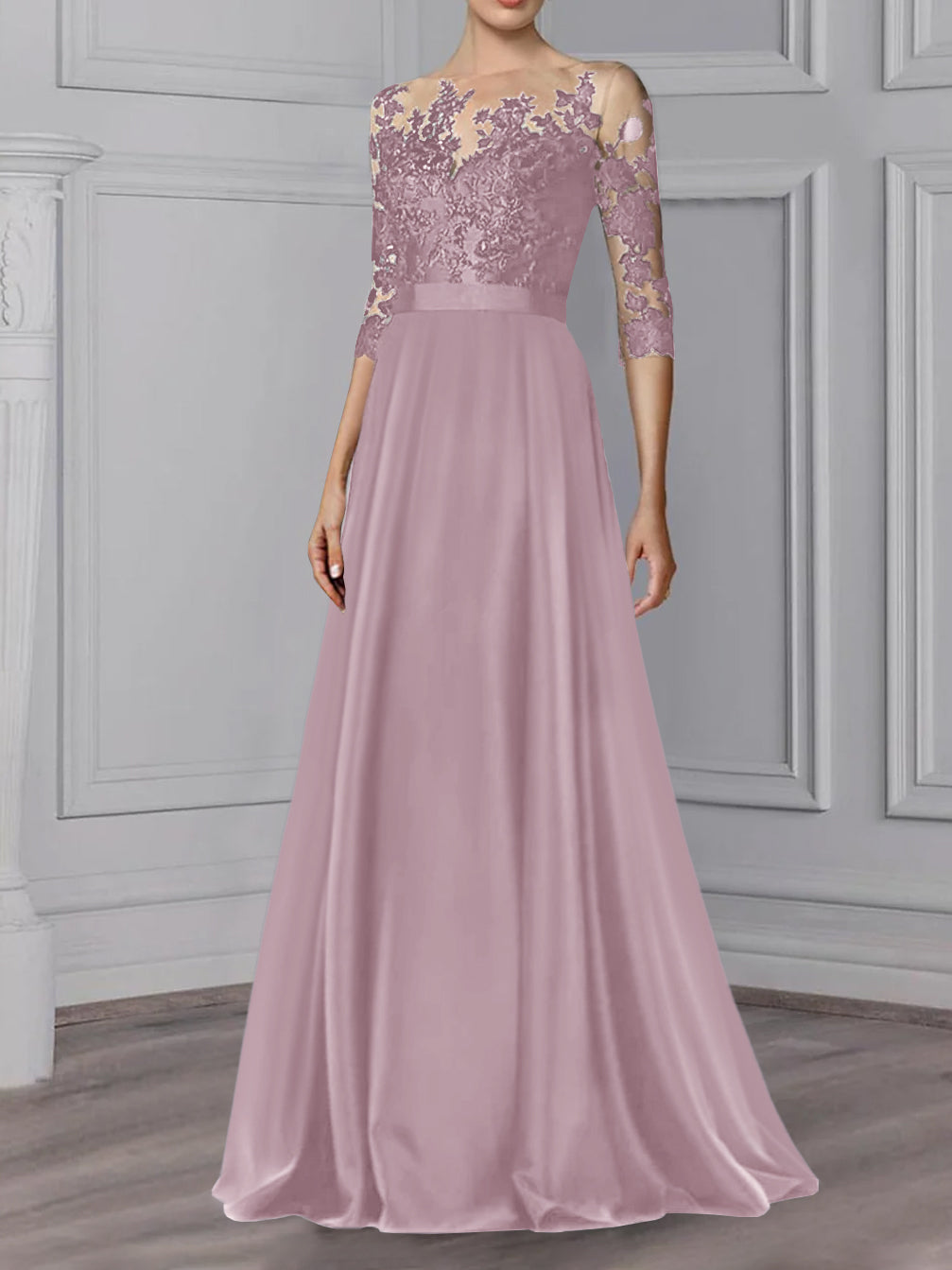 Long Mother of the Bride A Line Dress with Jewel Neck and 3/4 Sleeves