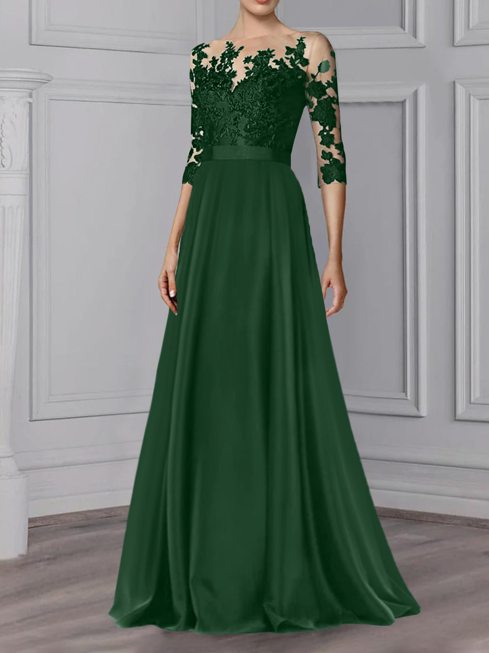 Long Mother of the Bride A Line Dress with Jewel Neck and 3/4 Sleeves