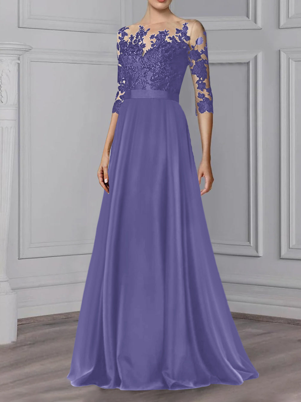 Long Mother of the Bride A Line Dress with Jewel Neck and 3/4 Sleeves