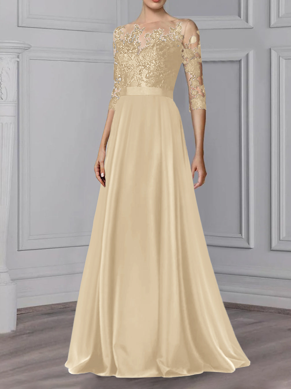 Long Mother of the Bride A Line Dress with Jewel Neck and 3/4 Sleeves