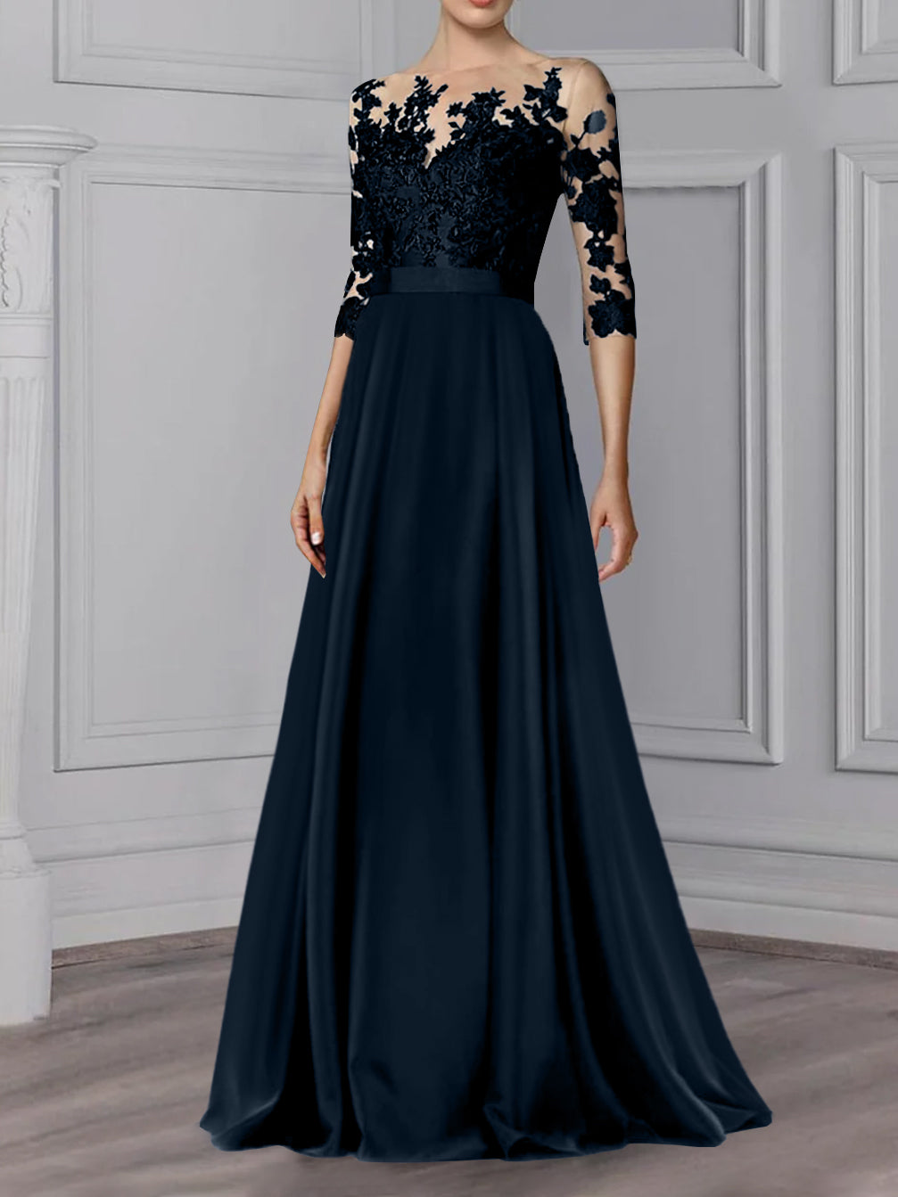 Long Mother of the Bride A Line Dress with Jewel Neck and 3/4 Sleeves