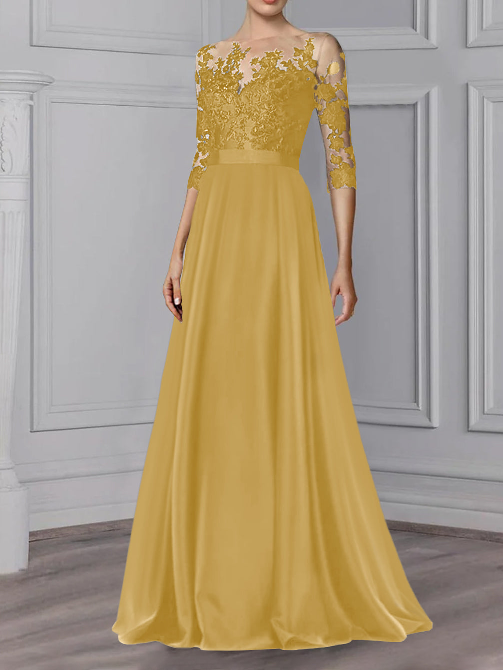 Long Mother of the Bride A Line Dress with Jewel Neck and 3/4 Sleeves