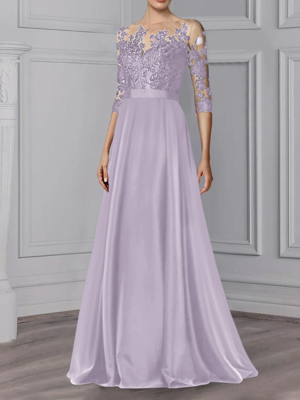 Long Mother of the Bride A Line Dress with Jewel Neck and 3/4 Sleeves