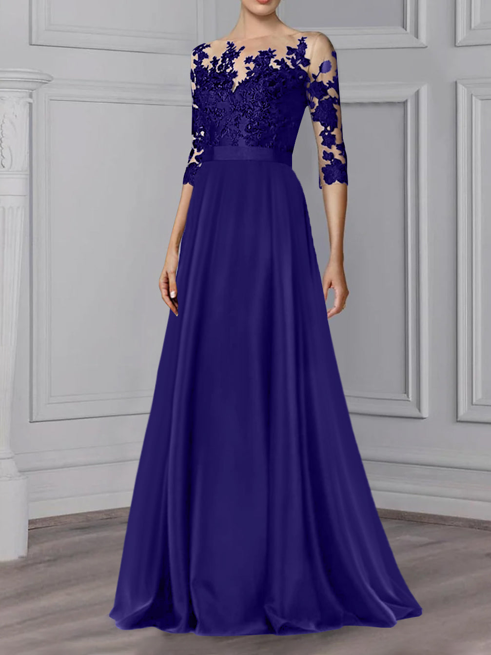 Long Mother of the Bride A Line Dress with Jewel Neck and 3/4 Sleeves