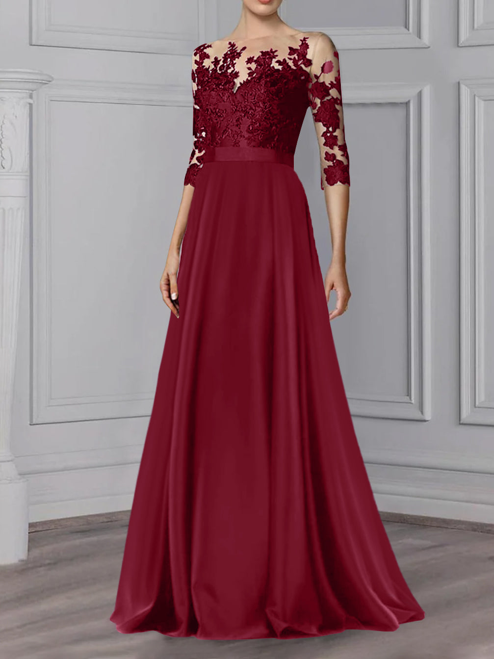 Long Mother of the Bride A Line Dress with Jewel Neck and 3/4 Sleeves