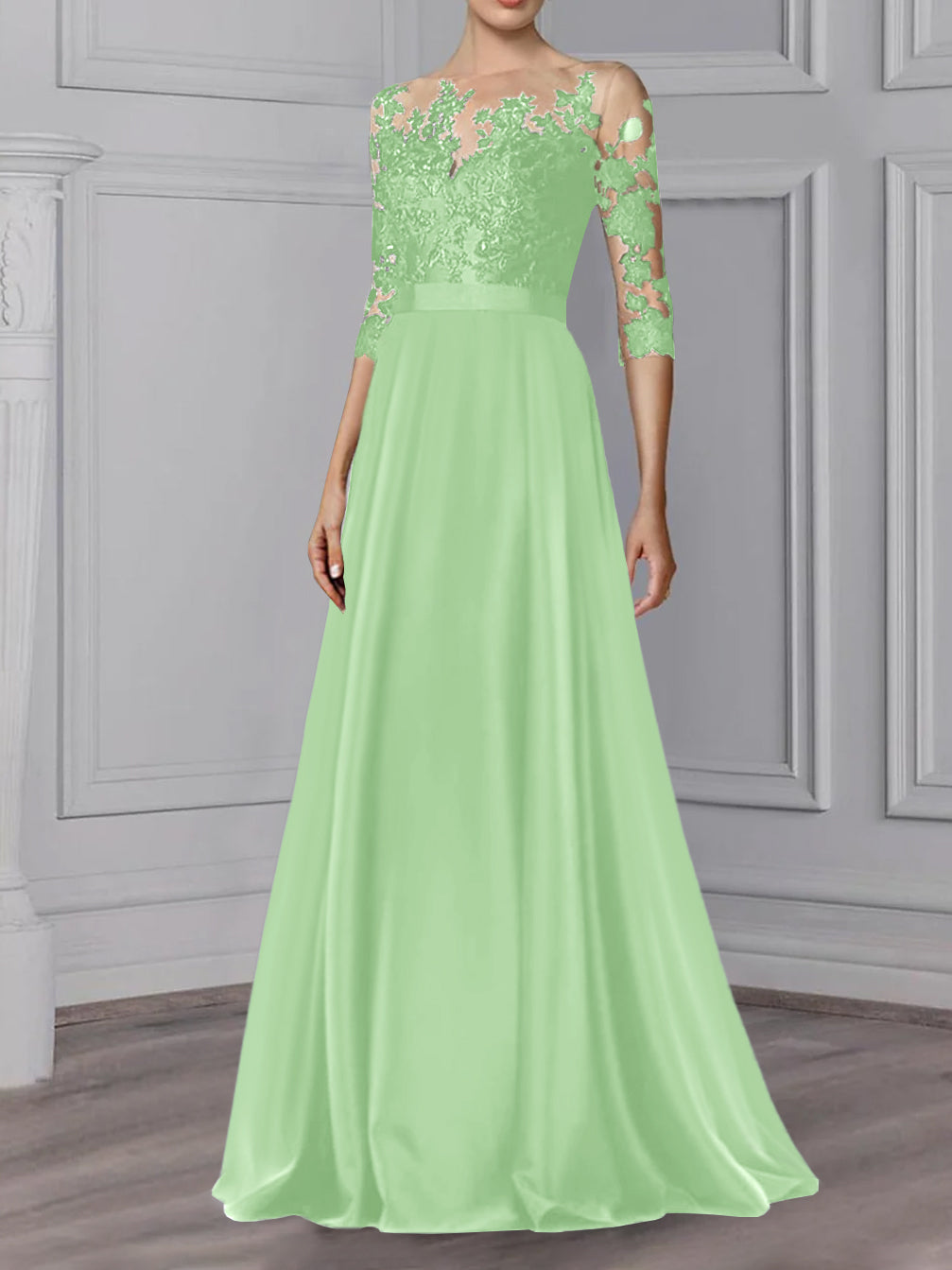 Long Mother of the Bride A Line Dress with Jewel Neck and 3/4 Sleeves