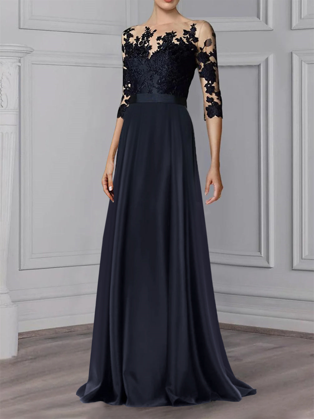 Long Mother of the Bride A Line Dress with Jewel Neck and 3/4 Sleeves