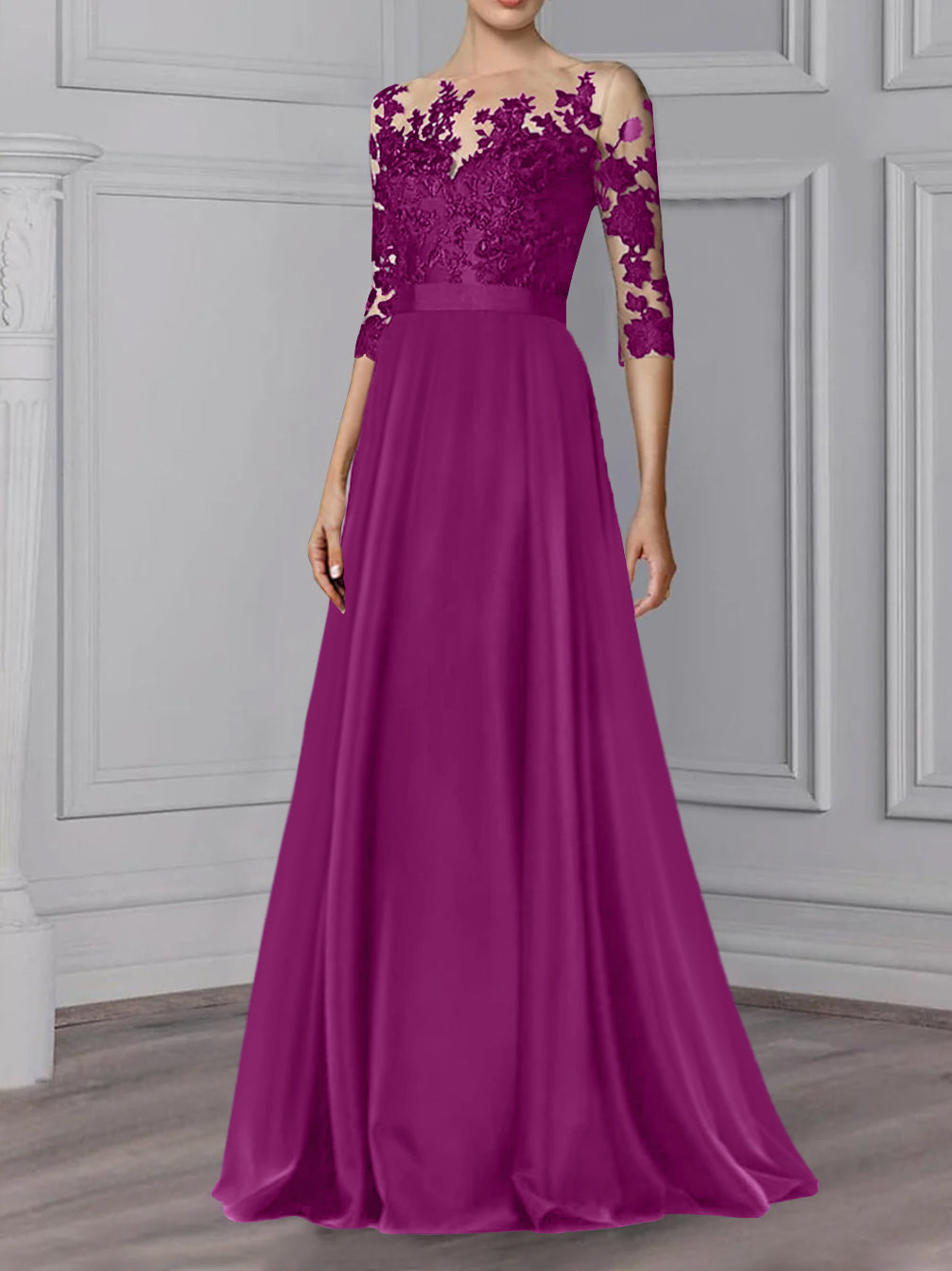 Long Mother of the Bride A Line Dress with Jewel Neck and 3/4 Sleeves