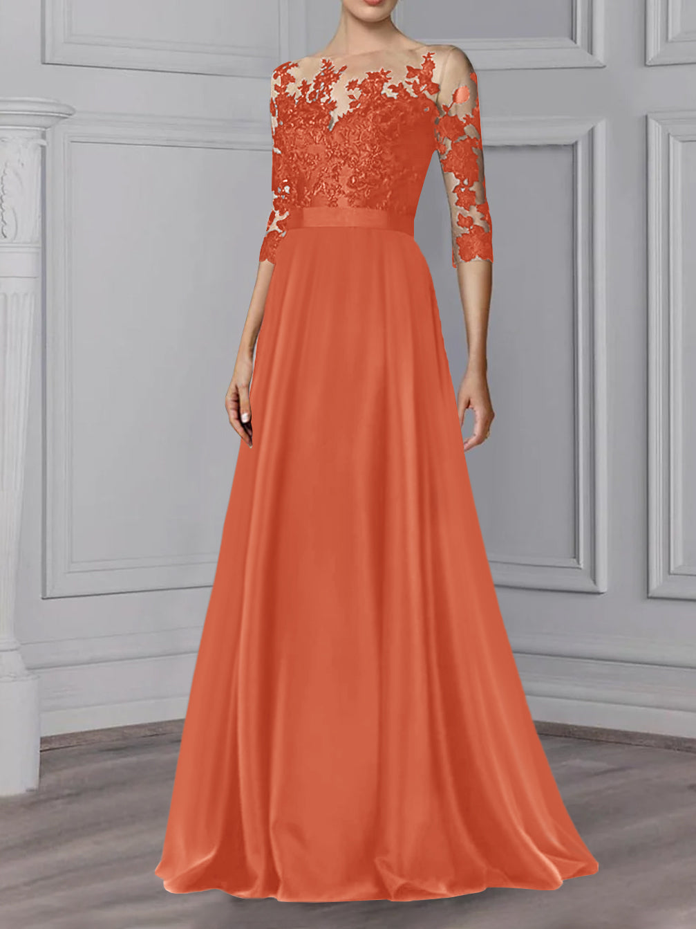 Long Mother of the Bride A Line Dress with Jewel Neck and 3/4 Sleeves