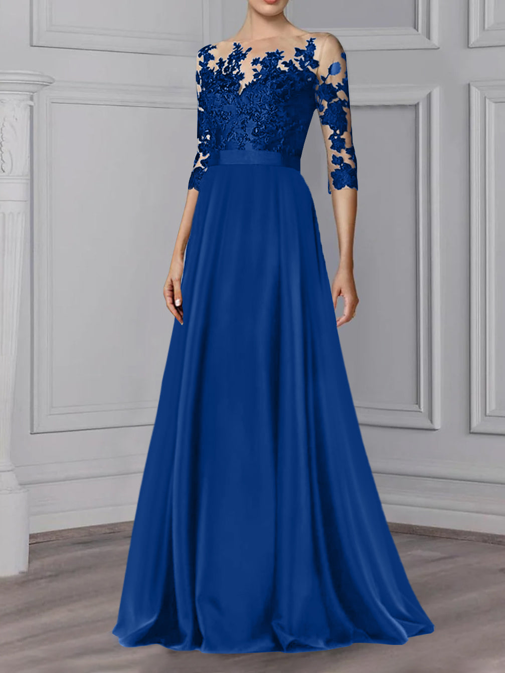 Long Mother of the Bride A Line Dress with Jewel Neck and 3/4 Sleeves