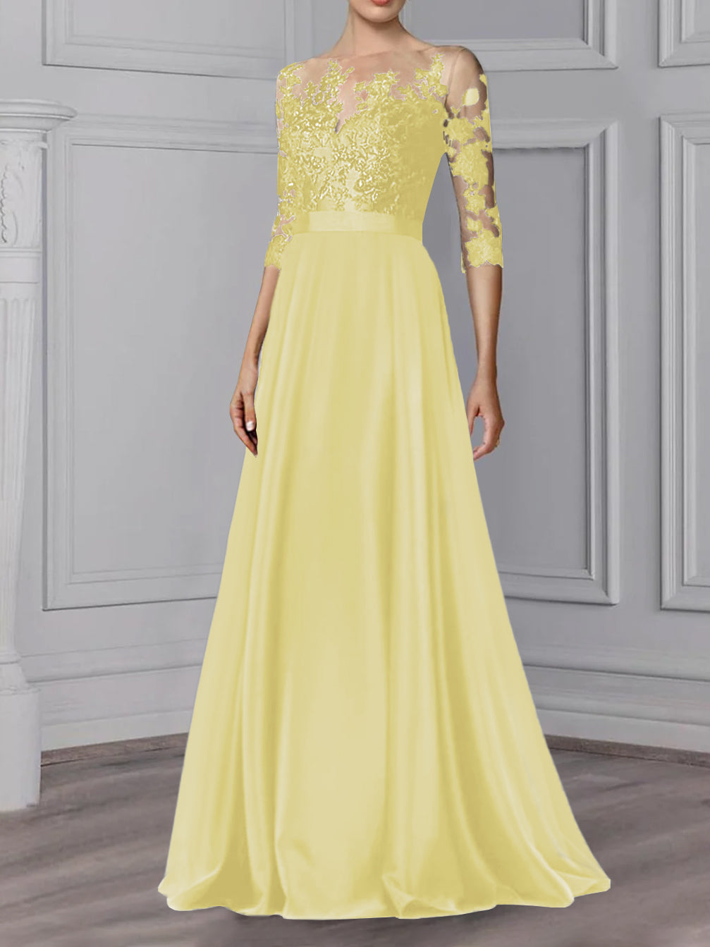 Long Mother of the Bride A Line Dress with Jewel Neck and 3/4 Sleeves