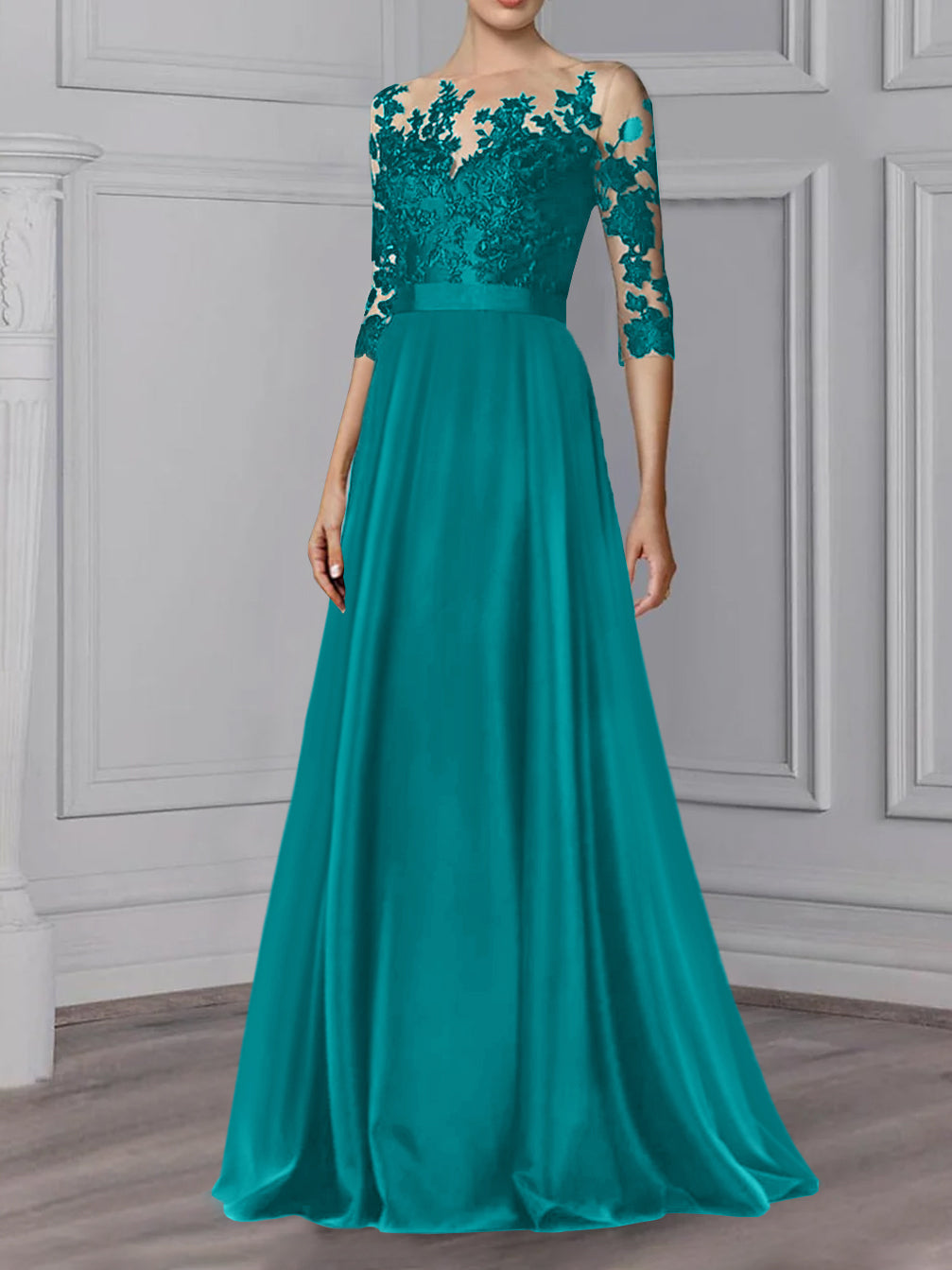 Long Mother of the Bride A Line Dress with Jewel Neck and 3/4 Sleeves