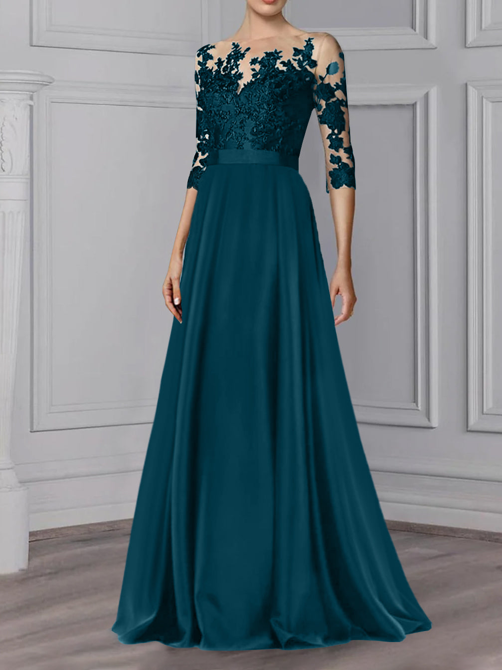 Long Mother of the Bride A Line Dress with Jewel Neck and 3/4 Sleeves