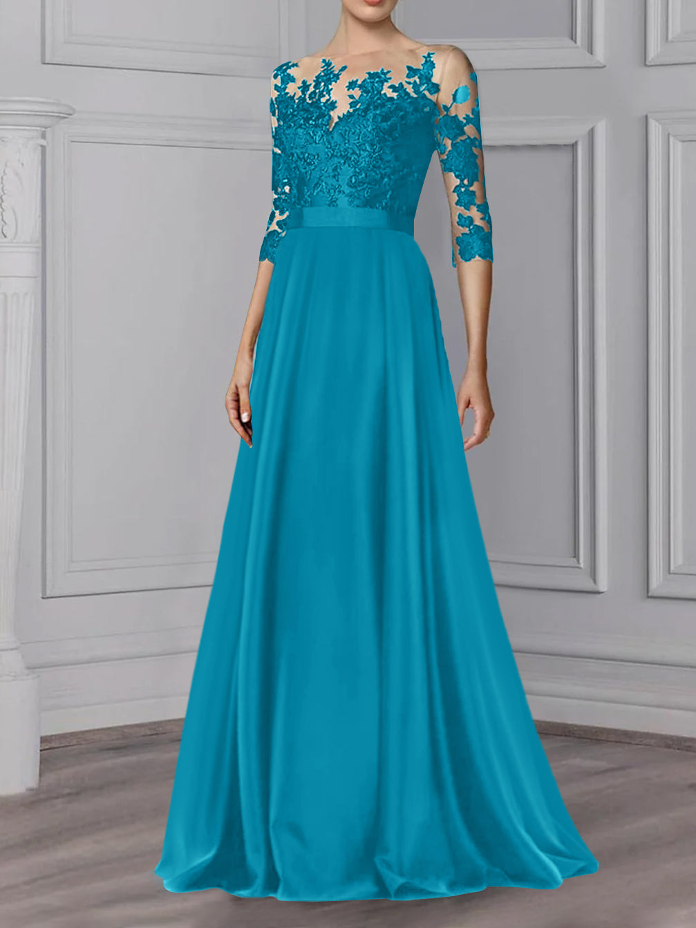 Long Mother of the Bride A Line Dress with Jewel Neck and 3/4 Sleeves